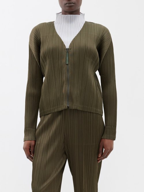 Pleats Please Issey Miyake – Technical-pleated Zipped Cardigan – Womens – Khaki