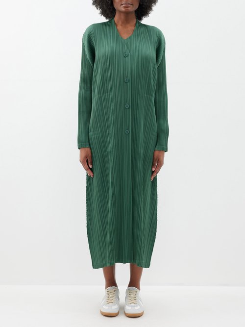 Pleats Please Issey Miyake – V-neck Technical-pleated Longline Cardigan – Womens – Dark Green