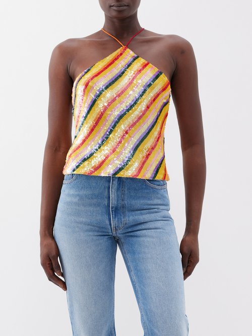 Ashish Striped Sequinned-georgette Halterneck Top In Yellow Multi