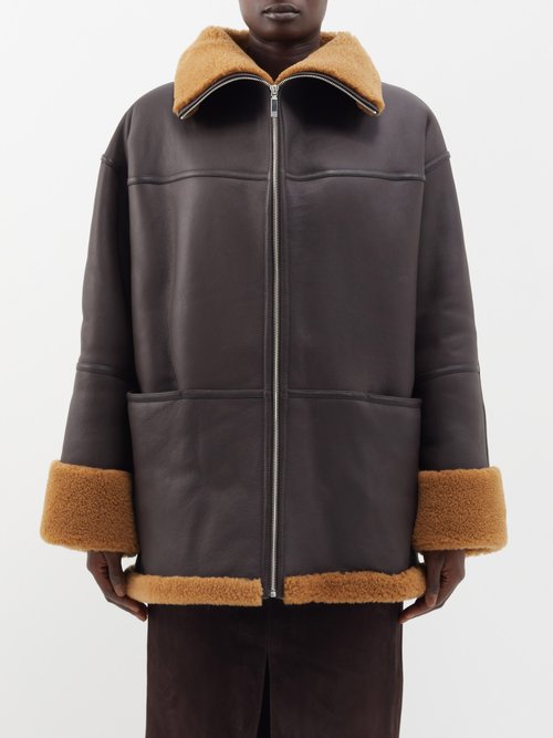 Shop Totême Shearling Jacket In Dark Brown
