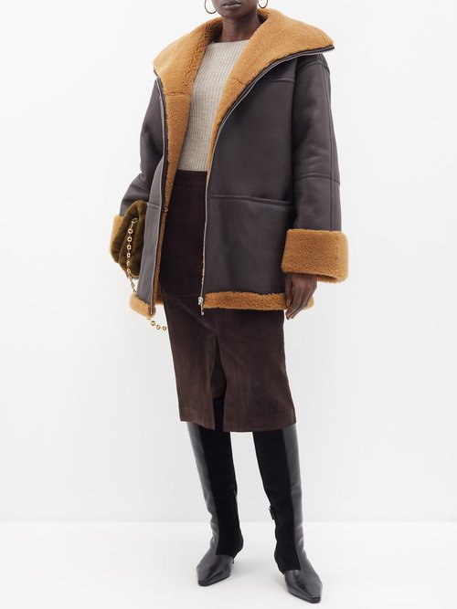 Shop Totême Shearling Jacket In Dark Brown