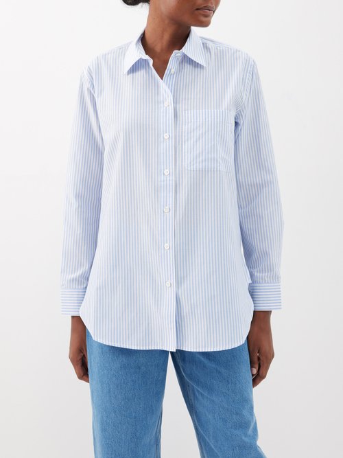 frame - the classic striped cotton-blend poplin shirt womens blue white