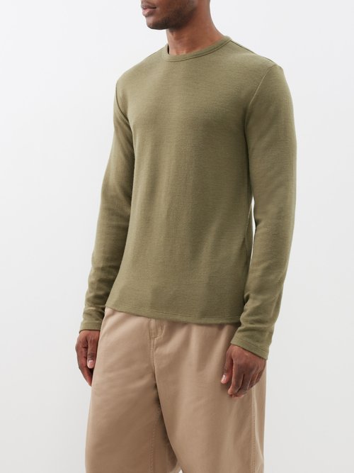 officine générale - felted wool crewneck long sleeve top mens khaki