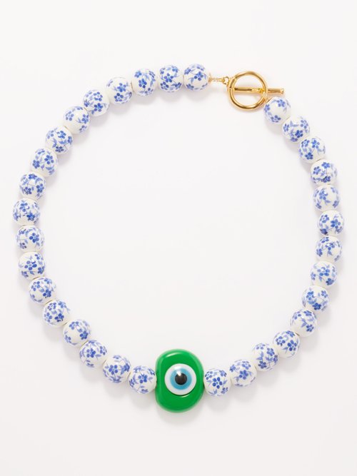 Timeless Pearly – Evil Eye Beaded 24kt Gold-plated Necklace – Womens – Green Multi