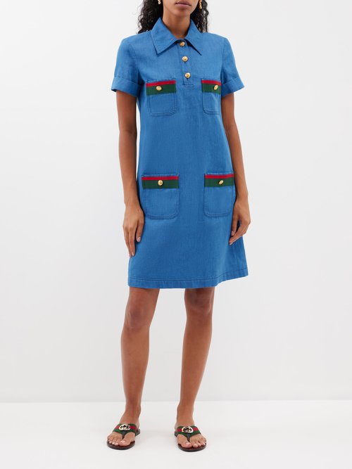 Gucci Web Stripe Denim Shirt Dress In Blue