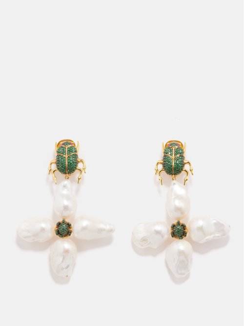 Begüm Khan – Scarab Crystal 24kt Gold-plated Clip Earrings – Womens – Green Multi
