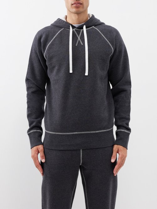 sunspel - contrast-stitch cotton-jersey hoodie mens dark grey