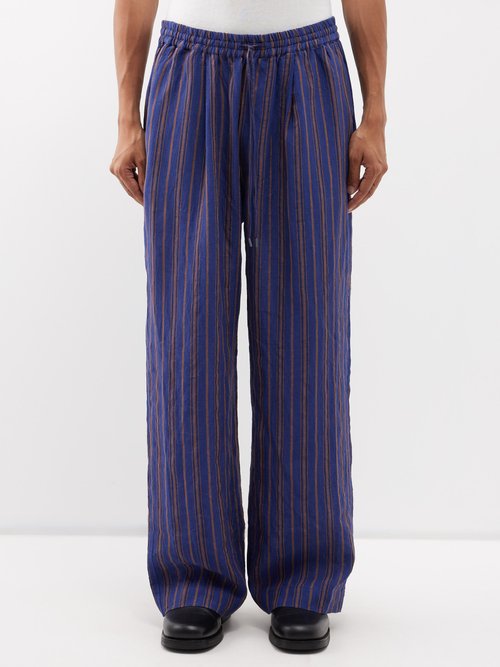 Drawstring-waist Striped Linen Trousers