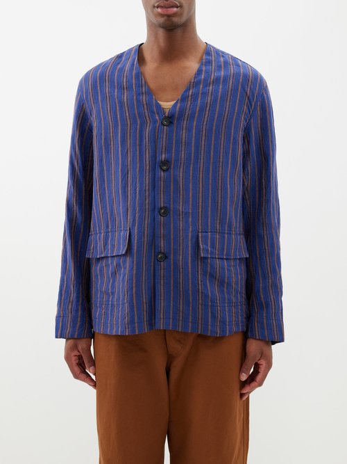 Collarless Striped Linen Overshirt