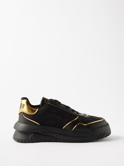 Shop Versace Odissea Leather And Baroque-jacquard Trainers In Black