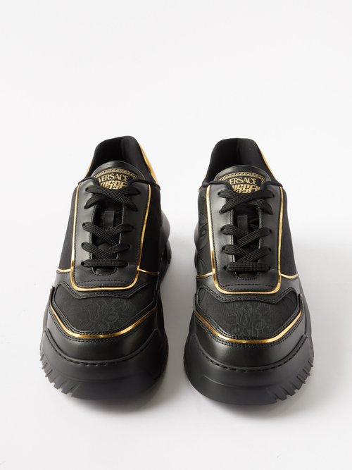 Shop Versace Odissea Leather And Baroque-jacquard Trainers In Black