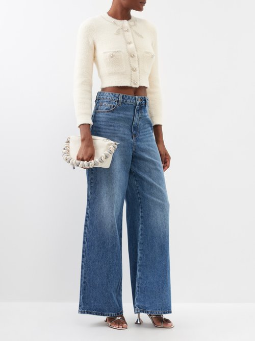 Self Portrait Rhinestone-Studded Wide Leg Jeans