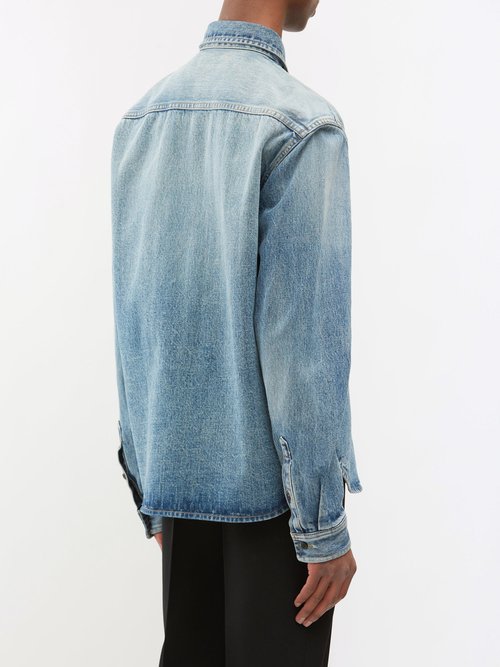 Saint Laurent Logo Embroidered Shirt Jacket in Blue