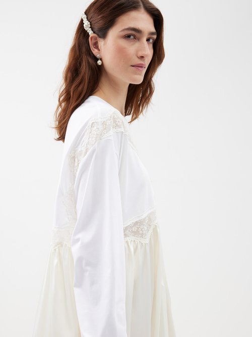 Lace-trimmed cotton midi dress