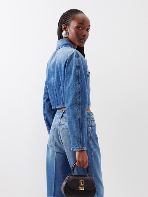 Shop Versace Cropped Denim Jacket In Blue