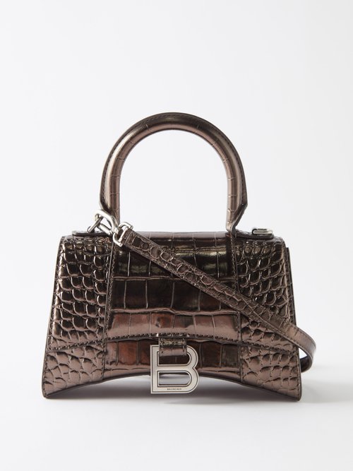 Balenciaga Hourglass Xs Metallic Croc-embossed Top-handle Bag in Brown