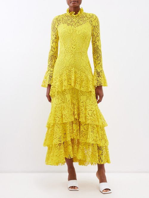 Erdem Tiered Ruffle Long-sleeve Lace Midi Dress In Yellow