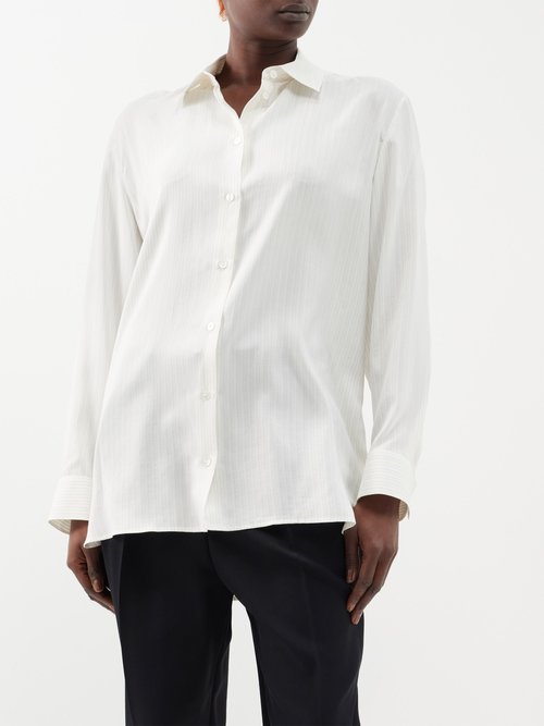 The Row Sisilia Stripe-jacquard Silk-crepe Shirt In Off White