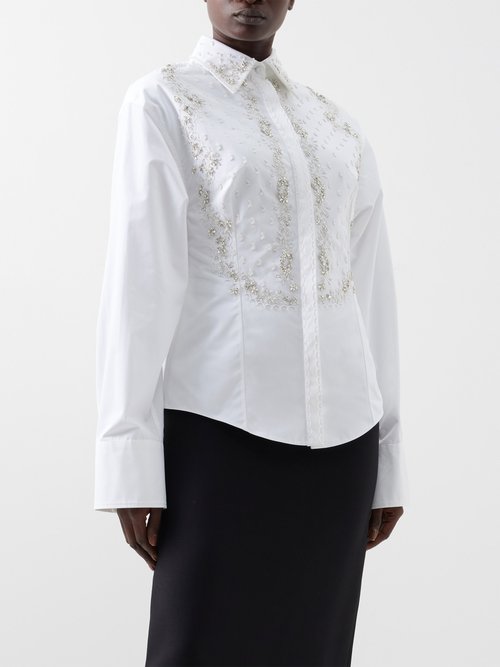 valentino garavani - crystal-embellished cotton-poplin shirt womens white silver