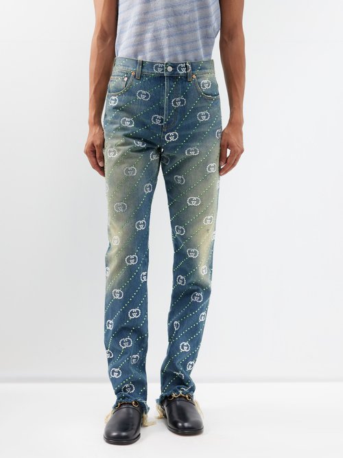Gucci Straight-leg Frayed Crystal-embellished Jeans In Blue