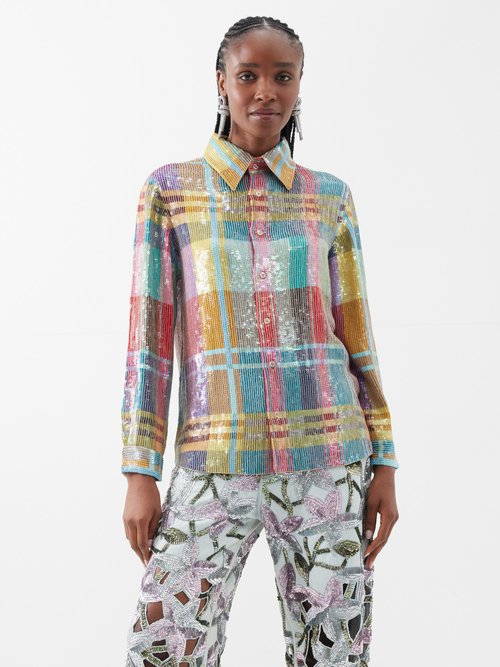 Ashish Madras-check Sequinned Georgette Shirt In Multi
