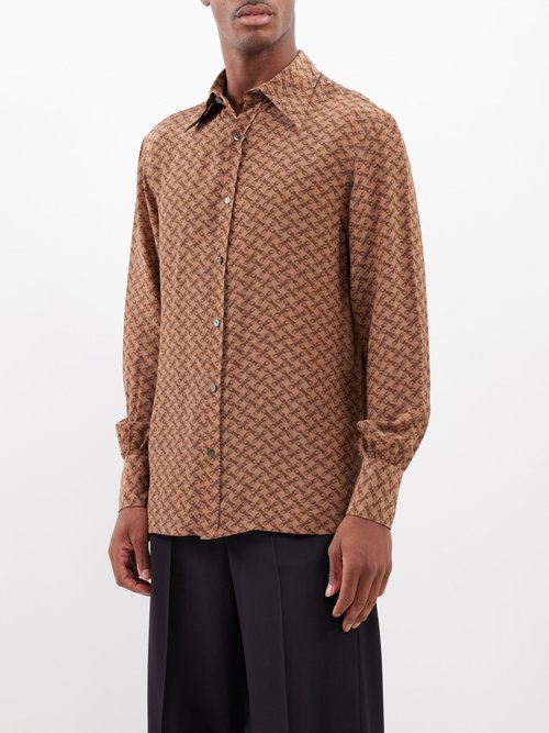 73 London - Geometric-Print Silk-Twill Shirt - Mens - Brown Multi de Hombres