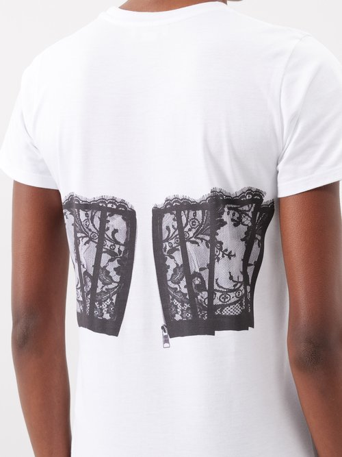 Shop Alexander Mcqueen Lace Bustier-print Cotton-jersey T-shirt In Black & White