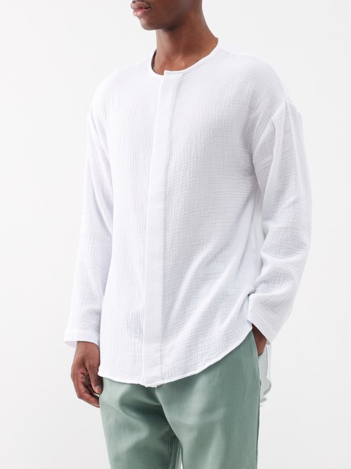 Albus Lumen Collarless Cotton-muslin Shirt In White