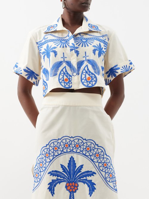 Johanna Ortiz Manyattas Embroidered Cotton-blend Cropped Shirt In Neutral