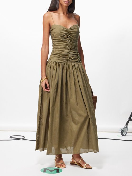 Gathered-bodice Cotton-blend Maxi Dress