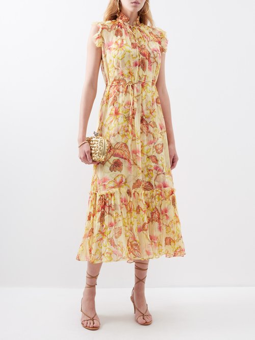 Shop Zimmermann Matchmaker Flutter Floral-print Midi Dress In Yellow Multi