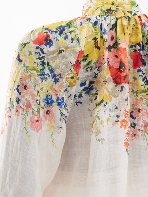 Shop Zimmermann Alight Floral-print Ramie Blouse In Ivory Multi