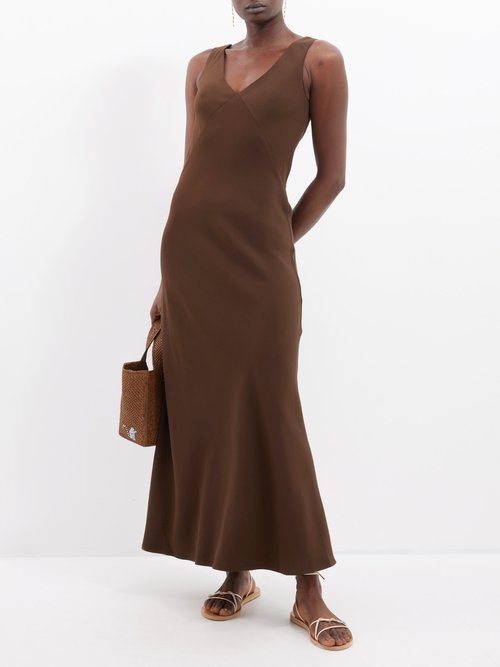 Asceno Bordeaux V back Crepe Maxi Dress Womens Brown