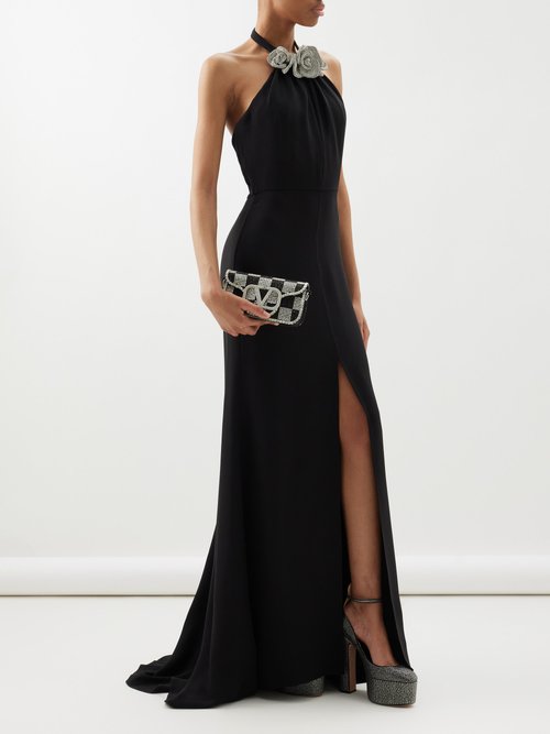 Valentino Rose-embellished Halterneck Silk-cady Gown In Black