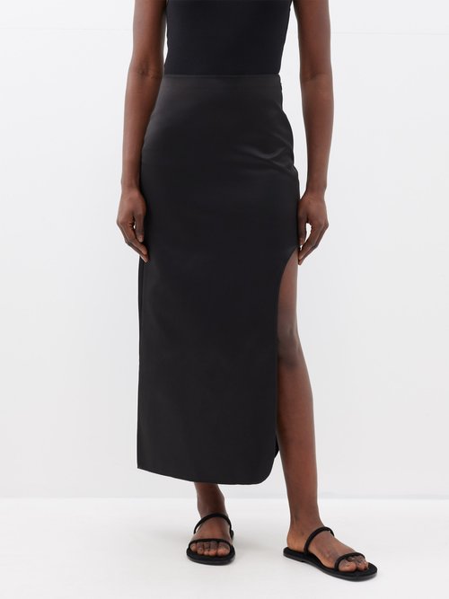 by malene birger - wick side-slit recycled-blend satin midi skirt womens black