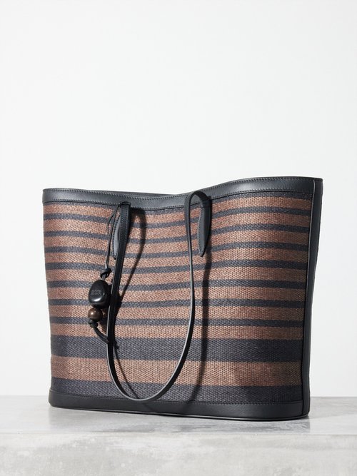 Leather-trim Striped Woven-palm Tote Bag