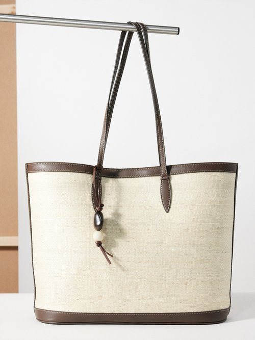 Leather-trim Woven-palm Tote Bag