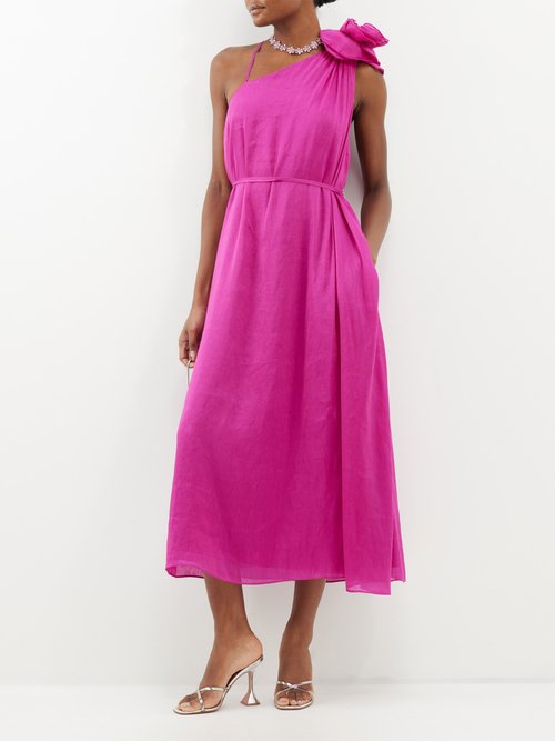 Aje – Quintessa Floral-appliqué Linen-blend Midi Dress – Womens – Pink