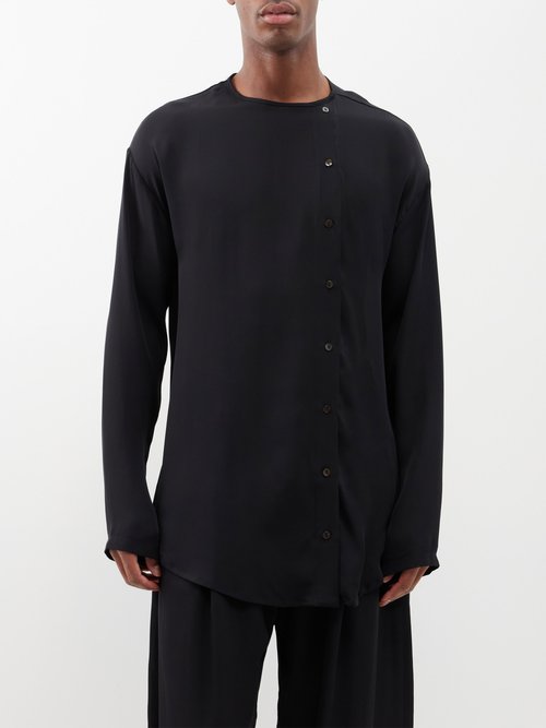 Albus Lumen Button-up Silk Tunic Shirt In Black