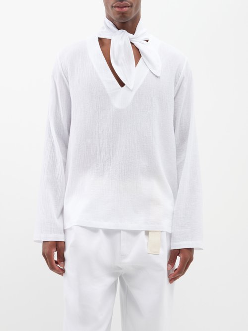 Albus Lumen Scarf-collar Linen Shirt In White
