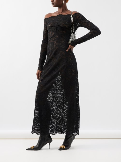 RABANNE Off-the-shoulder scalloped stretch-lace maxi dress