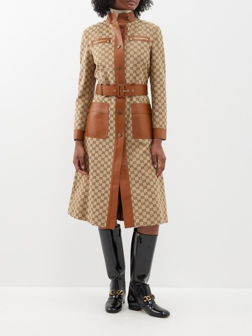 Gucci Gg-canvas Leather-trim Trench Coat In Camel