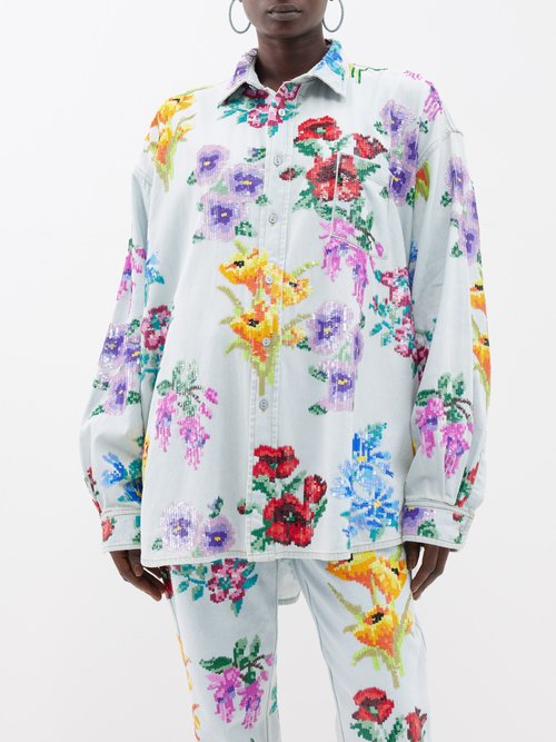 Ashish Bouquet Floral-sequinned Denim Shirt In Light Denim