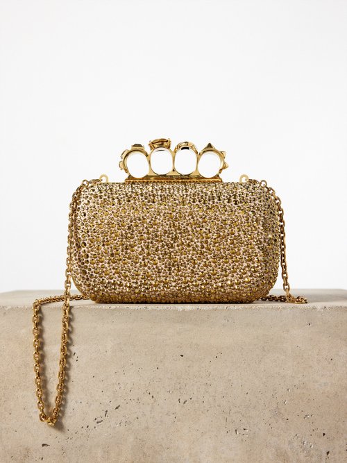 Alexander Mcqueen Four-ring Crystal-embellished Clutch Bag In Gold