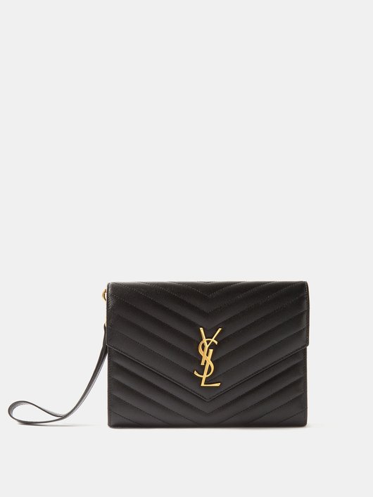 YSL-plaque grained-leather wristlet clutch