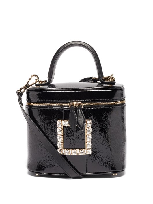 Crystal-buckle patent-leather cross-body bag