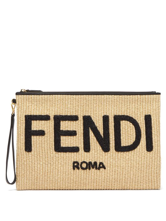 Logo-embroidered raffia pouch