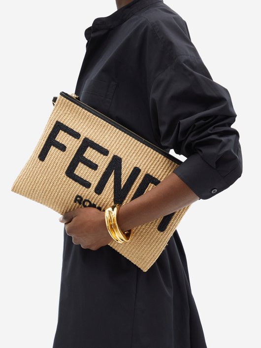 Logo-embroidered raffia pouch