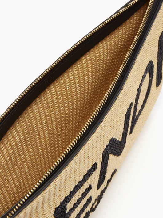 Logo-embroidered raffia pouch