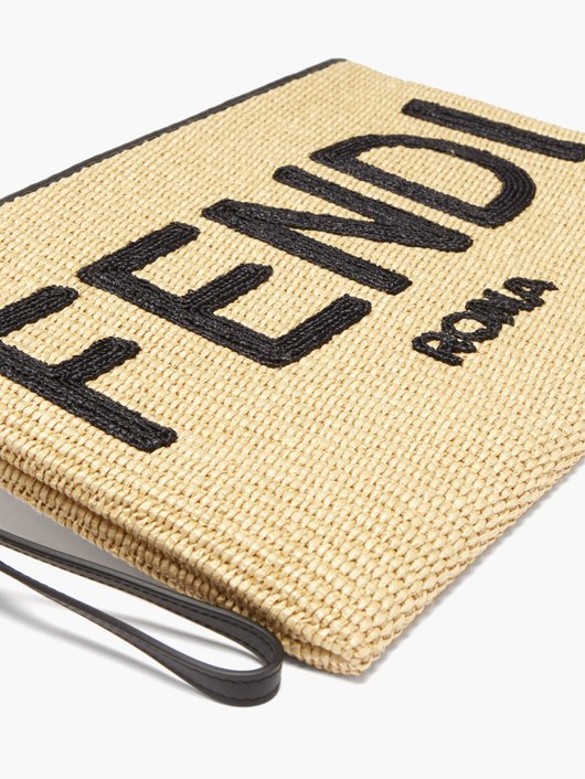 Logo-embroidered raffia pouch